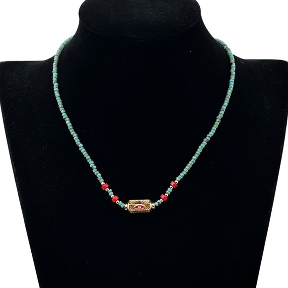 Turquoise & Red Coral Evil Eye Pendant Necklace 18K Gold Plated 16 to 18 Inch - Picture 4 of 5